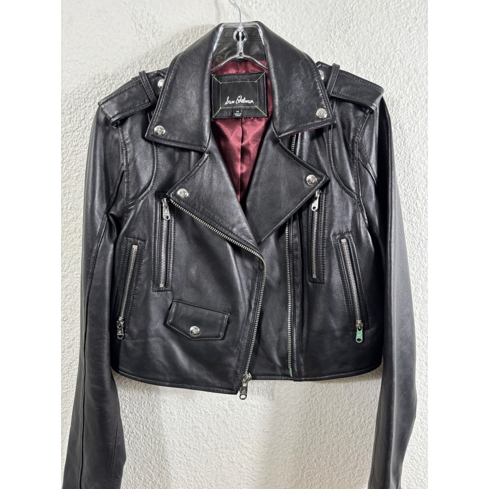Sam Edelman Moto Jacket Womens Medium Black Lamb Leather Cropped Biker